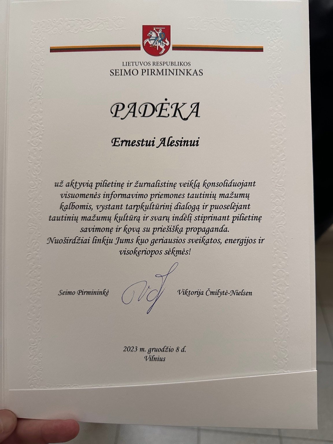 Lietuvos Respublikos Seimo Pirmininkės padėka Ernestui Alesinui, 2023